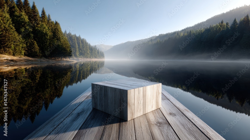Aufkleber A wooden boat is floating on a lake with a large square object on the front