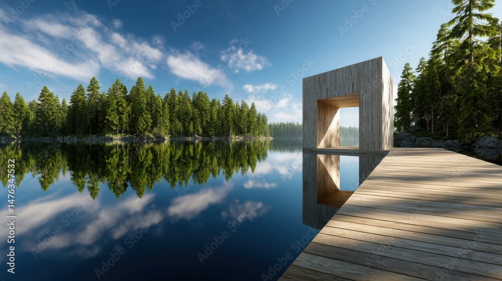 Poster a wooden pier is next to a lake with a small building on it