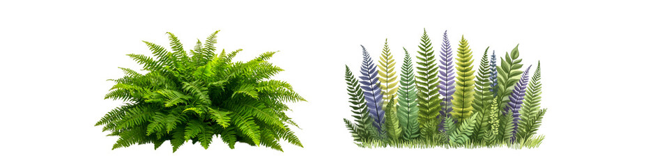 Collection of vibrant green ferns and artistic fern illustrations, transparent background.