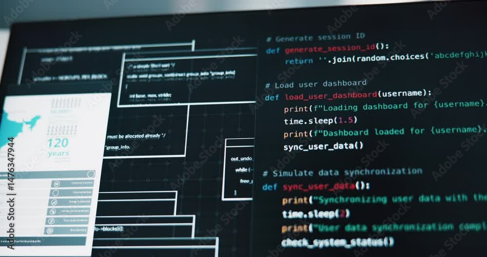 Fototapete Data, code and screen with software, development or IT for cybersecurity or digital glitch. Tech closeup, computer and programming with cloud computing, app or blockchain for analytics or password