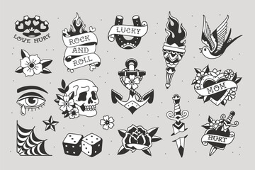 Perfect Old school tattoo design set 2. Old school traditional tattoo stickers collection. Old school tattoo symbols and tradition elements of swallow, bird, torch, anchor, heart, flower, rose etc