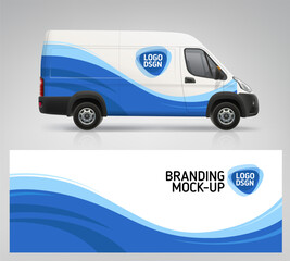 Side view Van, Truck mockup with blue branding wrap design. Branding graphics of abstract blue waves decal design for transport. Branding vehicle. Horizontal AD banner. Editable vector template