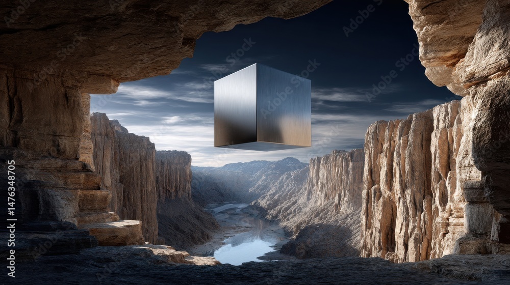 Poster a cube is floating in the sky above a canyon