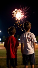 Fototapeta premium Two boys watch a vibrant fireworks display at night, their backs to the camera, in a field