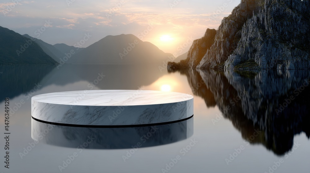 Poster a large white marble sculpture sits on a lake in front of a mountain range