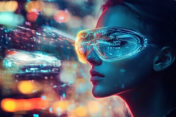 Futuristic woman wearing augmented reality glasses in a vibrant city.