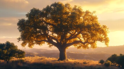 Fototapeta premium A large oak tree bathed in golden sunlight at dawn.