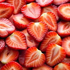 Close-up photo of sliced strawberries revealing juicy red color and fresh texture