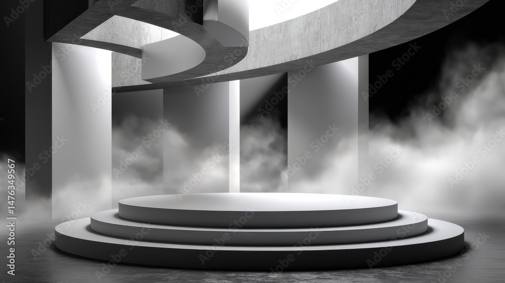 Poster a large, empty stage with a foggy atmosphere