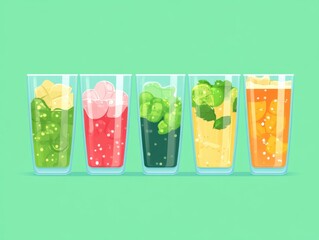 Fototapeta premium Colorful Fruit Drinks in Glasses Illustration, Refreshing Beverages, Fresh Ingredients, Summer Cocktails, Studio Shot, Light Green Background