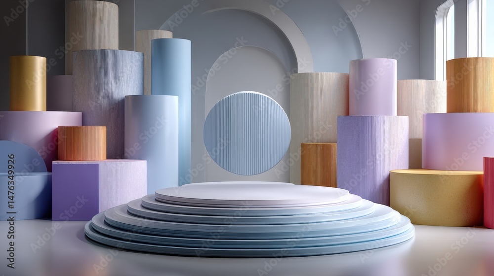 Fototapete the image is a colorful display of various shapes and sizes, including cubes