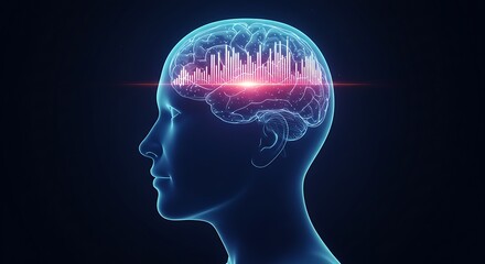 Obraz premium hyper realistic digital art, hand drawn profile of person with glowing frequency spectrum bars overlay on brain area, subject at top with copy space at bottom. ,isolated on bright background, no text