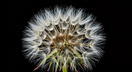 Delicate nature macro featuring a dandelion seed head against a black background, emphasizing contrast and fine detail.