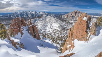 Snowy mountain peaks and valleys