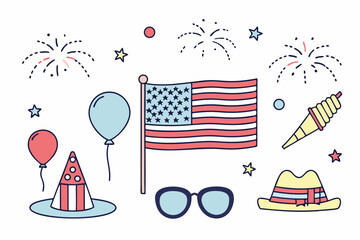 Festive american patriotic illustrations celebrating independence day with balloons and fireworks