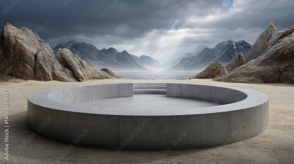Poster a large, empty concrete circle sits in the middle of a desert