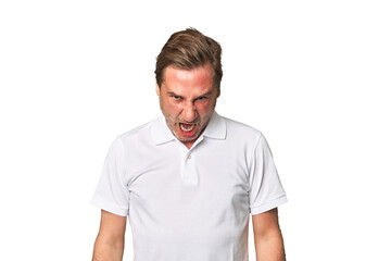 Fototapeta premium A middle-aged man isolated shouting very angry, rage concept, frustrated.