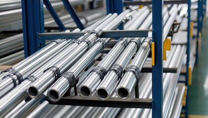 Obraz premium Neatly Arranged Rows of Metal Pipes Stored on Industrial Shelving in a Warehouse Space