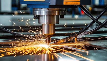 CNC Machine Cutting Metal with Bright Sparks Flying in an Industrial Workshop