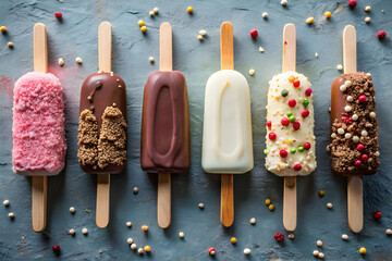 Line of ice creams on sticks arranged on a colorful tray showcasing different flavors and textures