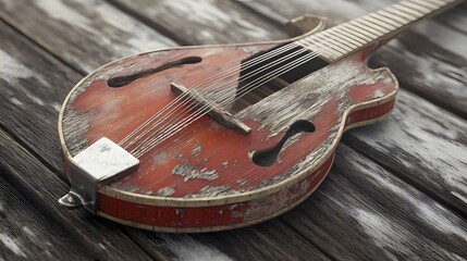 Obraz premium Weathered mandolin on a rustic wooden surface.