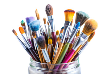Fototapeta premium A Colorful Array of Brushes Resting in a Glass Jar on White Background. PNG
