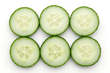 several round slices of a green cucumber on white background