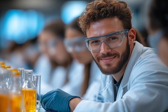 a teacher guiding students through a science experiment, lab coats and equipment on the table, bright and clean laboratory setting