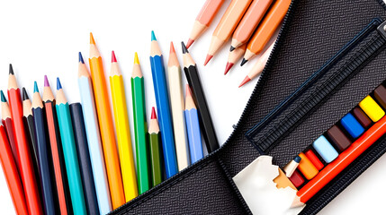 Colorful pencil and pens in a case isolated on white