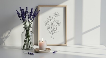 Floral Sketch Artwork, Lavender Vase, and Candle Still Life