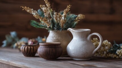 Fototapeta premium Rustic ceramic and wooden pots with dried flowers on wooden table