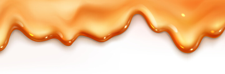 Melted caramel drips - sweet flowing honey or maple syrup sauce design element. Liquid toffee drops, gooey butterscotch puddle border, sticky molten sugar splash isolated on white for dessert topping.