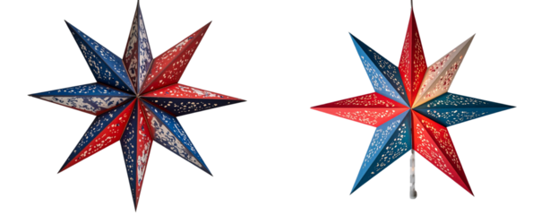 Vintage paper star lantern, in red, white, and blue colors, in a vintage style, hanging from the top, clipart on a transparent background