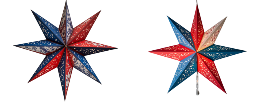 Vintage paper star lantern, in red, white, and blue colors, in a vintage style, hanging from the top, clipart on a transparent background