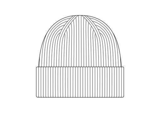 Vector fashion technical drawings of a knit beanie hat with front view. Knit fabric.