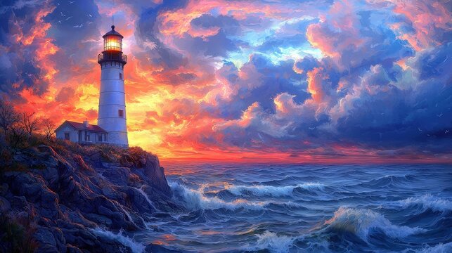 Dramatic coastal scene with a lighthouse at sunset.