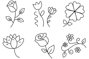 Floral line drawing showcases various beautiful flowers and leaves in simple yet elegant style