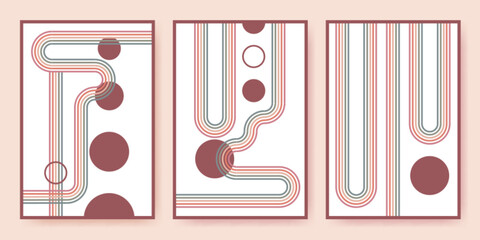 Rainbow arches 70s style wall art prints - curved line paths with circular shapes, striped bands in warm retro color palette. Geometric abstract designs in mid century modern aesthetic posters.