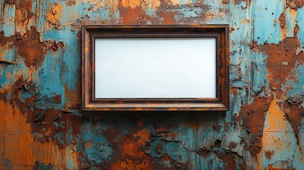 Naklejka premium A rustic wooden frame against a vibrant, peeling wall, showcasing the beauty of decay and color contrast.