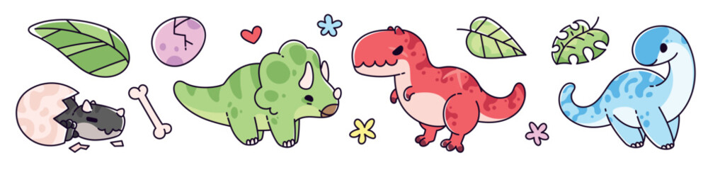 Cute kawaii dinosaur stickers - adorable baby dinos hatching from egg, chubby triceratops, playful brontosaurus, charming t-rex, decorative leaves and flowers. Lovable Jurassic cartoon characters. © klyaksun