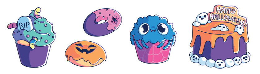 Kawaii Halloween cupcake sticker pack - adorable monster desserts, spooky ghost cake, donut, smiling jack-o-lantern candy, spider and cemetery with tombstone muffin icing. Fun holiday treats.