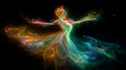 Abstract dancing smoke woman ethereal figure fantasy art colorful vibrant digital rendering on black background