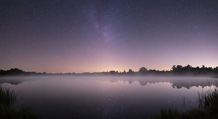 Lake Reflections Under Starry Night Sky with Mist Landscape View