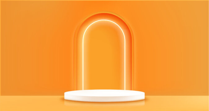 Orange background with podium and archway - blank curved arch with round platform illuminated by bright neon glow. Minimal 3d pedestal in tangerine color. Stylish vivid showcase or display mockup.