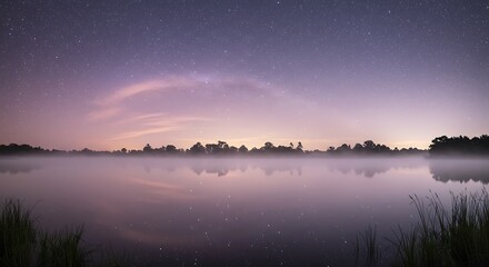 Starry Sky Reflected on Still Lake at Night with Fog