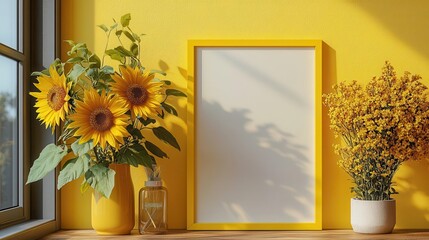 A vibrant yellow interior featuring sunflowers and a blank frame, perfect for adding brightness to any space.