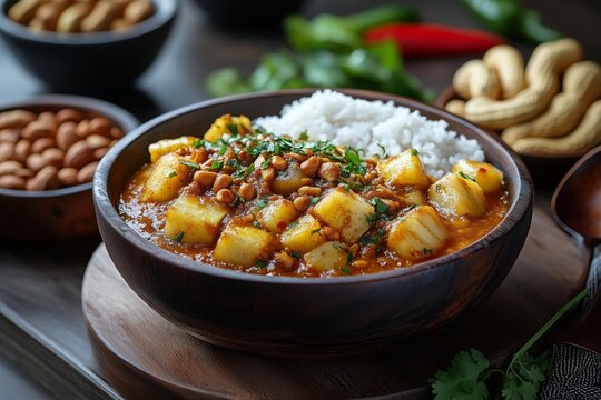 a traditional Ugandan dish, matoke , steamed plantains, with peanut sauce, served in a wooden bowl, accompanied by roasted groundnuts and fresh vegetables, warm ambient lighting