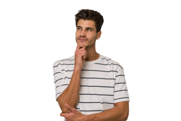 Young handsome caucasian man isolated on white background looking sideways with doubtful and skeptical expression.