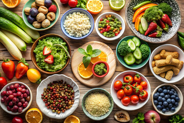Top view of nutritious foods on porcelain tableware showcasing fresh and vibrant ingredients