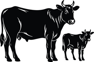 Fototapeta premium An adult silhouette black Cow and a calf standing a short distance apart within the same frame 